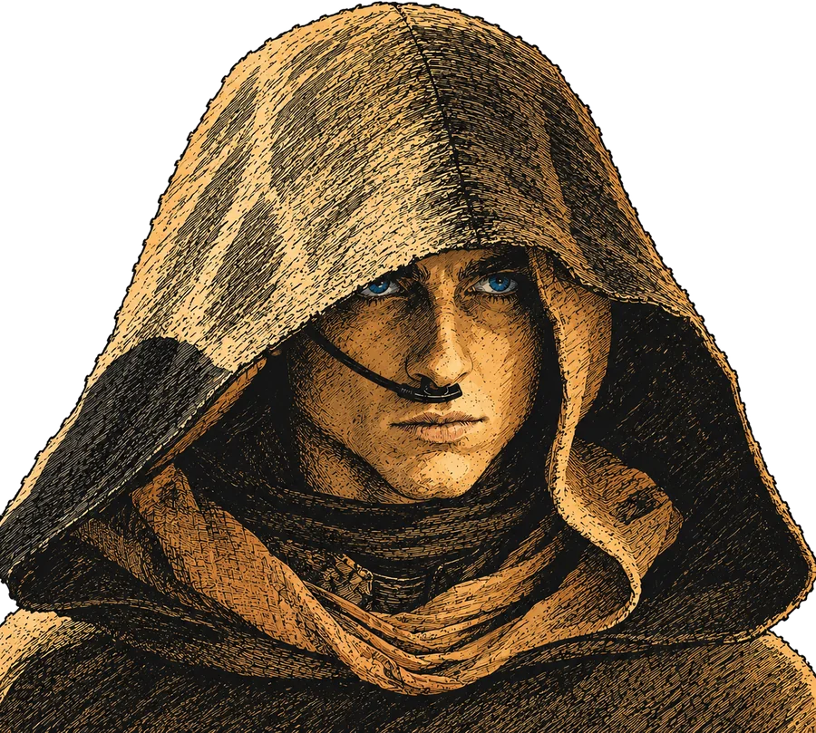 Paul Atreides in a stillsuit, drawn in ink over gold